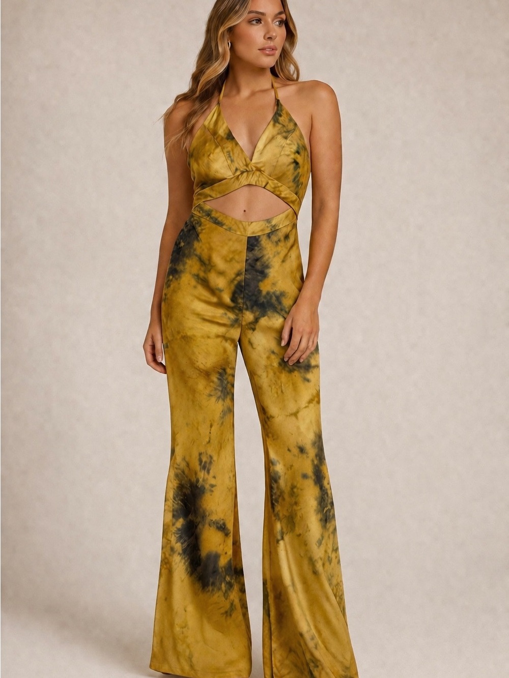 Fashion Nova Mustard Tie-Dye Halter Cutout Wide Leg Jumpsuit